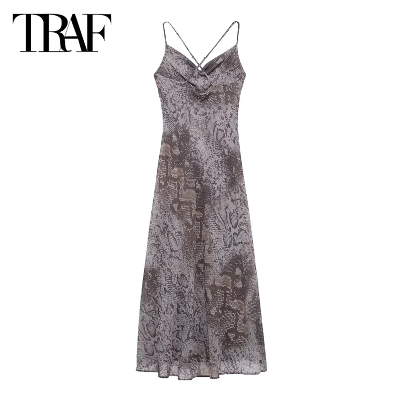 TRAF Sexy Midi Dresses 2025 Women's Spring Printed Elegant Party Evening Long Slip Dress Fashion Casual Backless Dress Vestidos