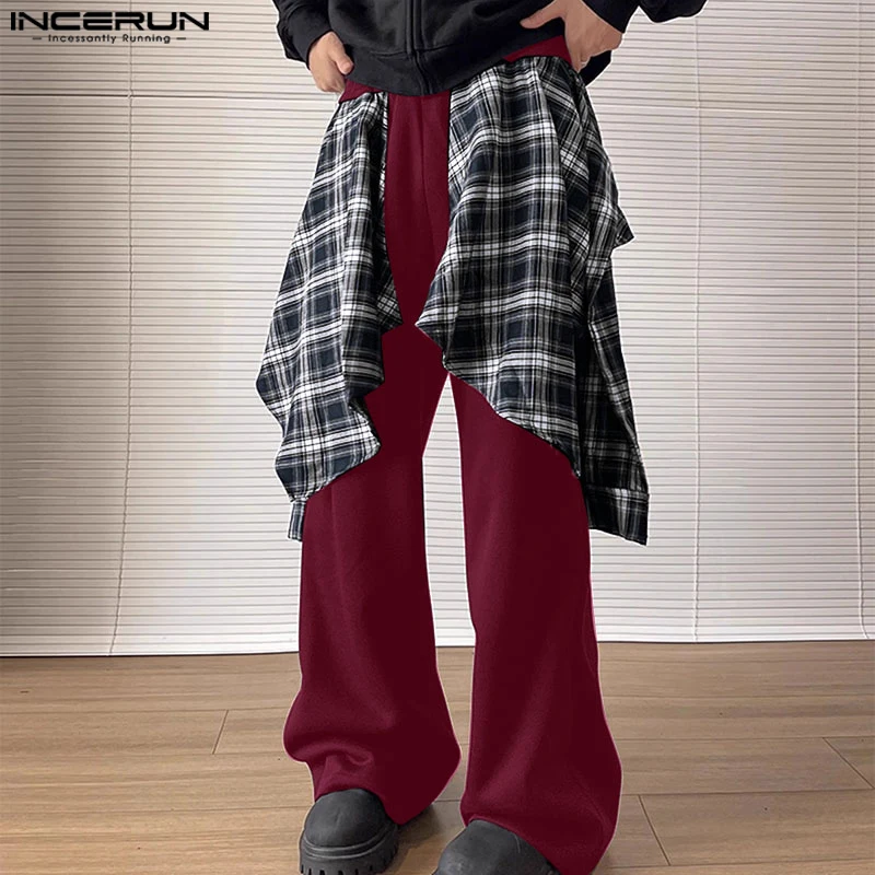 INCERUN 2024 Koreanischen Stil Hosen Mode Männer Gefälschte Zwei-stück Plaid Spleißen Rock Hosen Casual Streetwear Persönlichkeit Pantalons