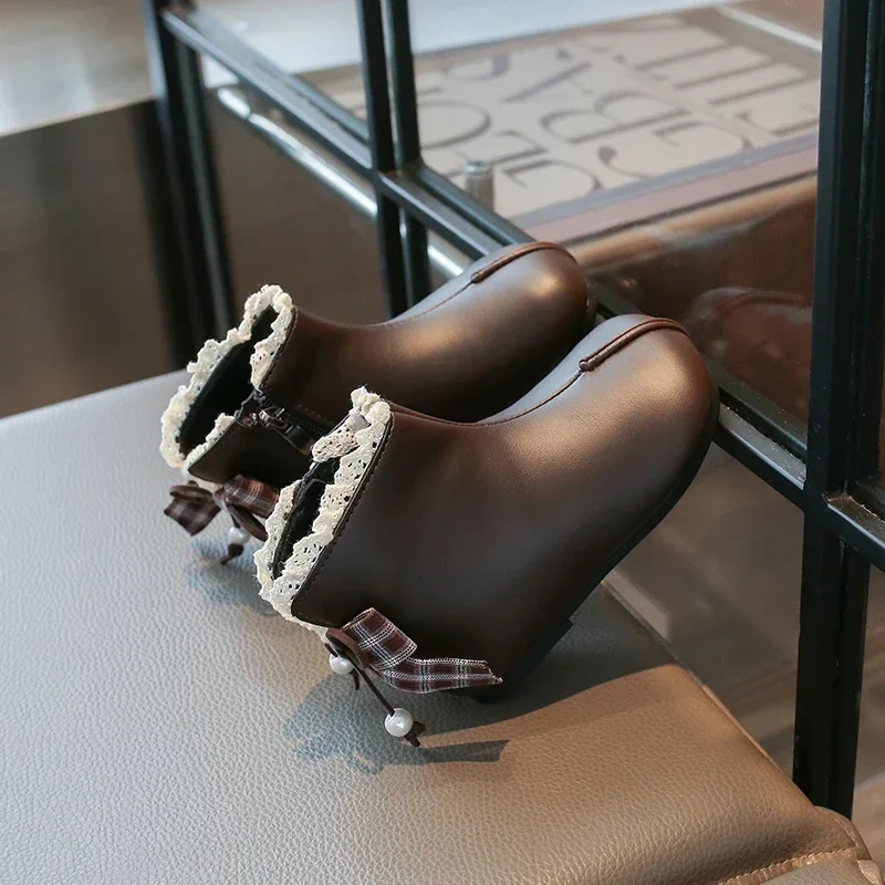 Girls Lace‑Trim Ankle Dress Boots, Plaid Bow Pearl Decoration Side Zipper Flat Princess Boots