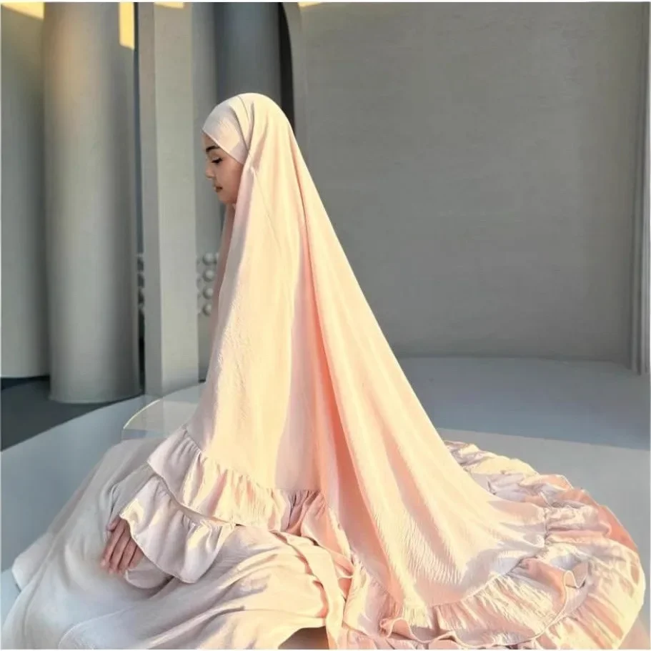 2PCS Ramadan Muslim Women Khimar Jalabiya Ruffle Prayer Garment Islam Clothing Turkey Kaftan Hijab Dress Arabic Robe Niqab Abaya