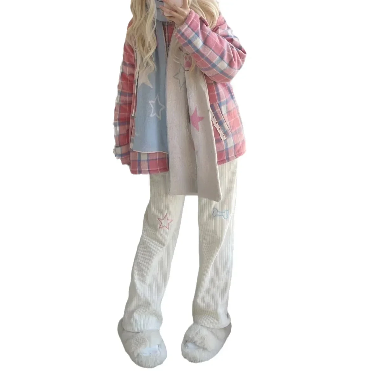 Harajuku Kawaii White Corduroy Pants Women Japanese Style Sweet Cute Wide Leg Trousers Embroidery Girly Fleece Pantalon