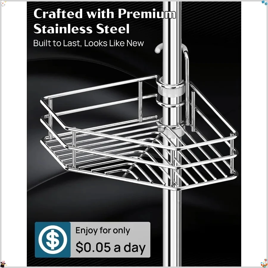 

Corner Shower Caddy Tension Pole, Quick Setup, Rust-Free Bathroom Shower Organizer Corner for Bathtub Shampoo Storage