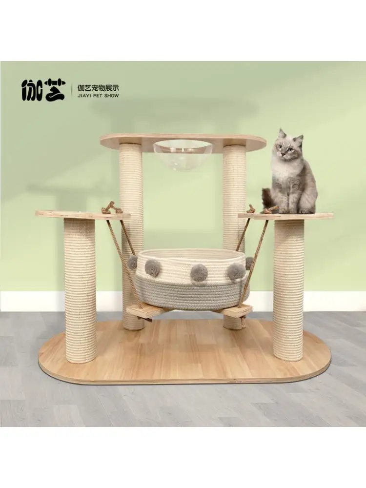 Large Solid Wood Cat Climbing Frame, Space Capsule, Scratching Board, Sisal Column, Cat Tree Toy