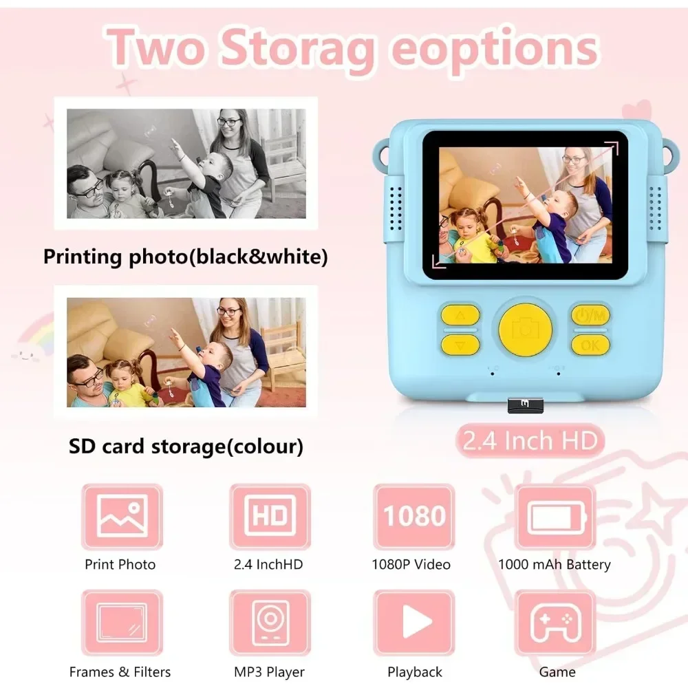 Cámara de impresión instantánea para niños, cámara portátil de 1080P para niños con 32GB de Tarjeta 3 y rollos de papel fotográfico, regalo perfecto