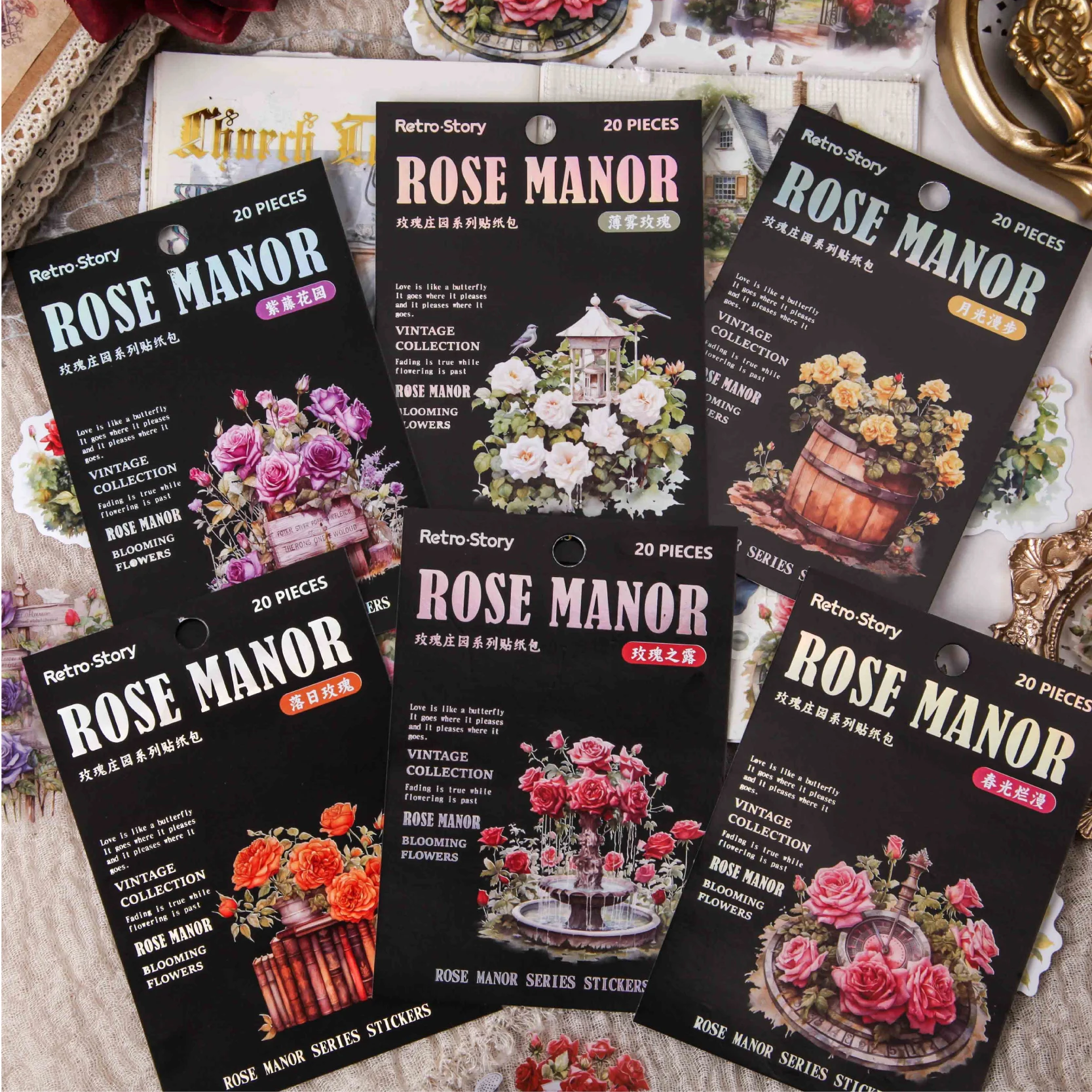 20Sheets Sticker Rose Manor Material handmade Plant Retro Collage DIY Decor Stickers Hand Account Scrapbook Stationery Supplies