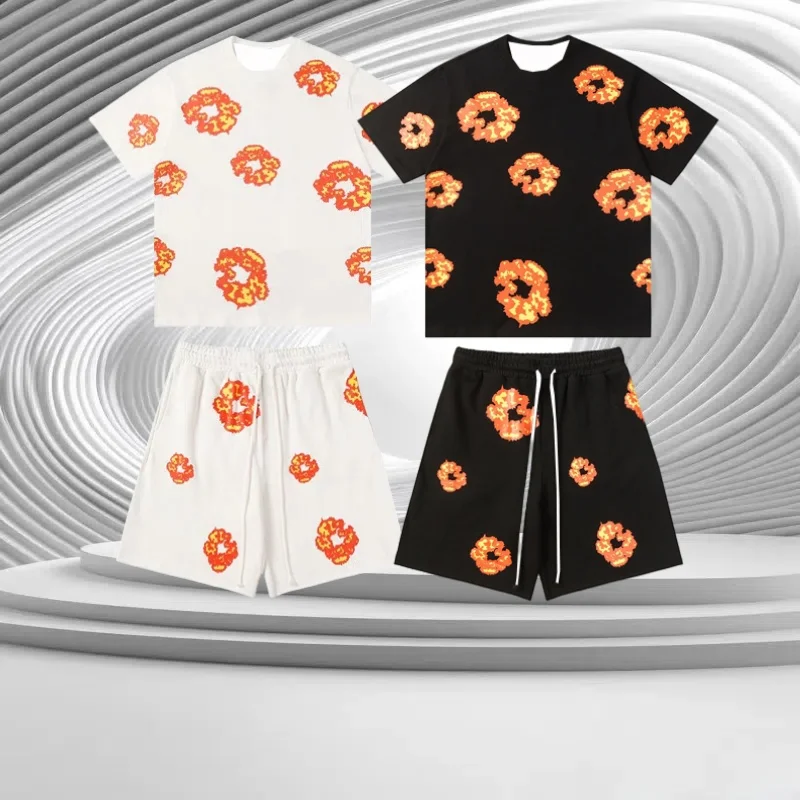 

2025 New Moto Quick-drying Flame Kapok Printing Set Summer Men's and Women's Trend Loose Short-sleeved T-shirt Casual Shorts