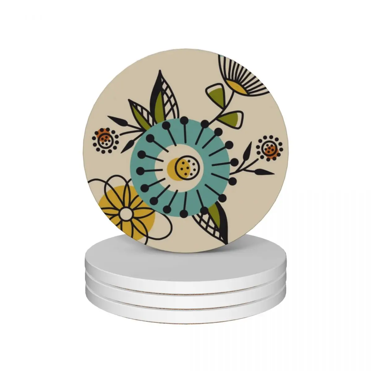 Mid Century Modern Flowers Ceramic Coasters (Set of 4) Cup mat for the kitchen accessories Coasters