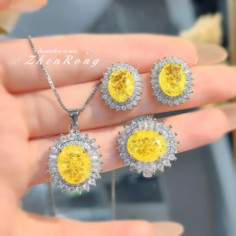 Fashion Ice Flower Wedding Ball Jewelry Set Women's Ring Earnail Colored Treasure Pendant Necklace 3-Piece Set