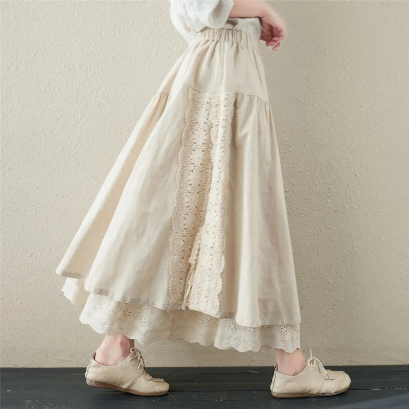 

Linen Lace-up Skirt Heavy Industry Embroidery Elastic Waist Medium and Long A-shaped Sweet Skirt Women