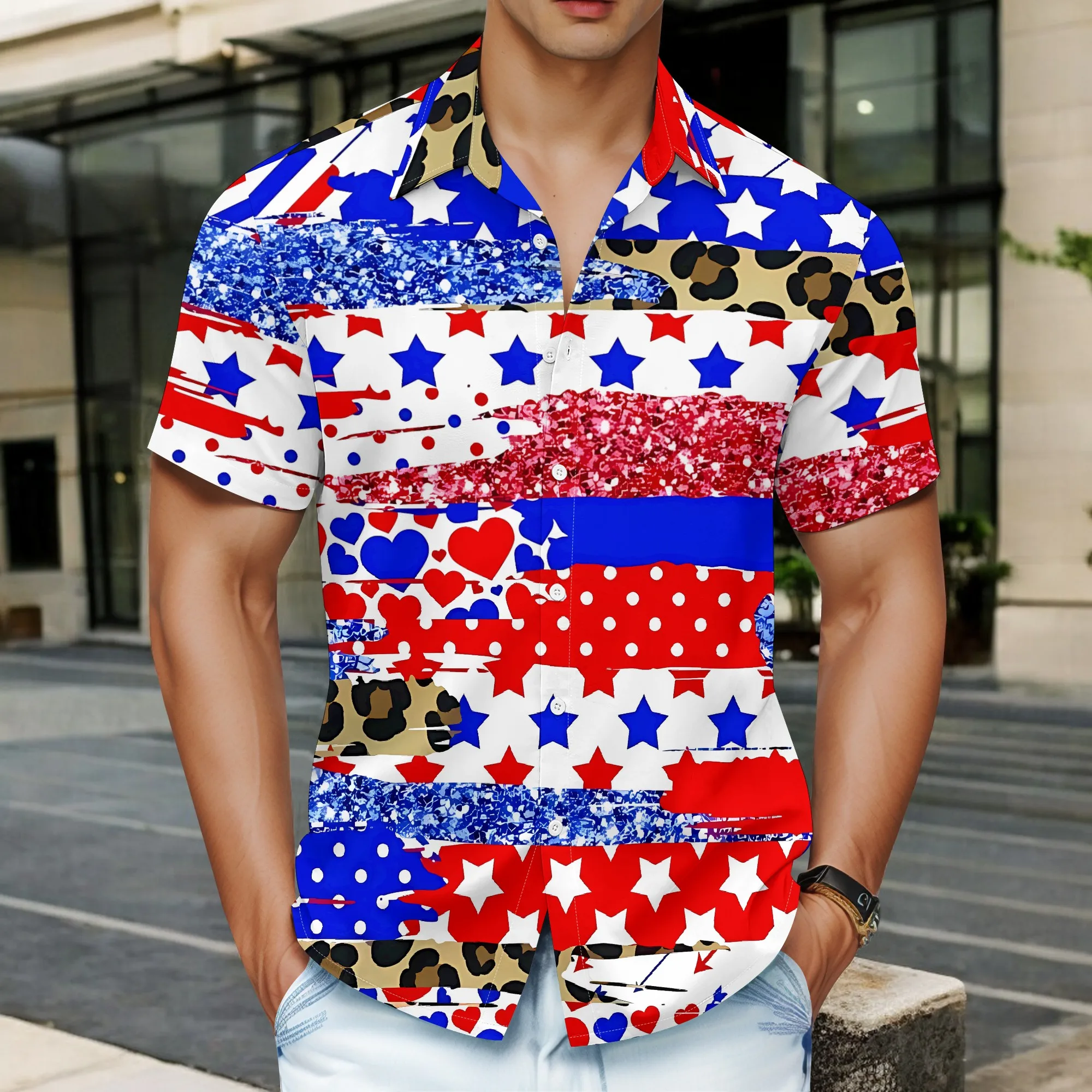 

YEAE Red Blue Star Leopard Print Shirt for Men Summer Casual Short Sleeve Top