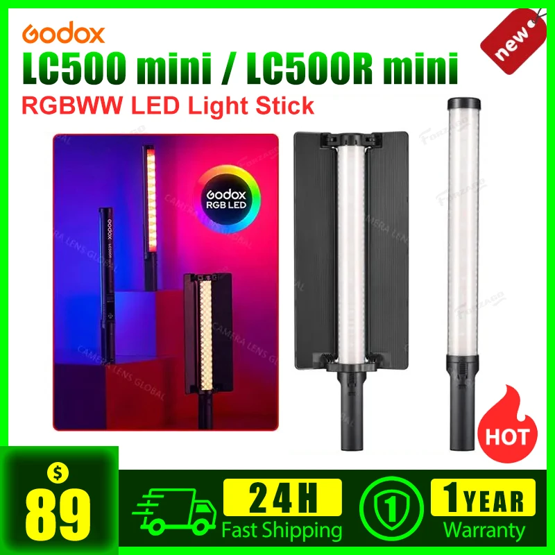 Godox LC500R Mini RGB Handle LED Light 3300K-5600K Stick Light Temperature Adjustable with 2600mah Battery for Outdoor Shooting