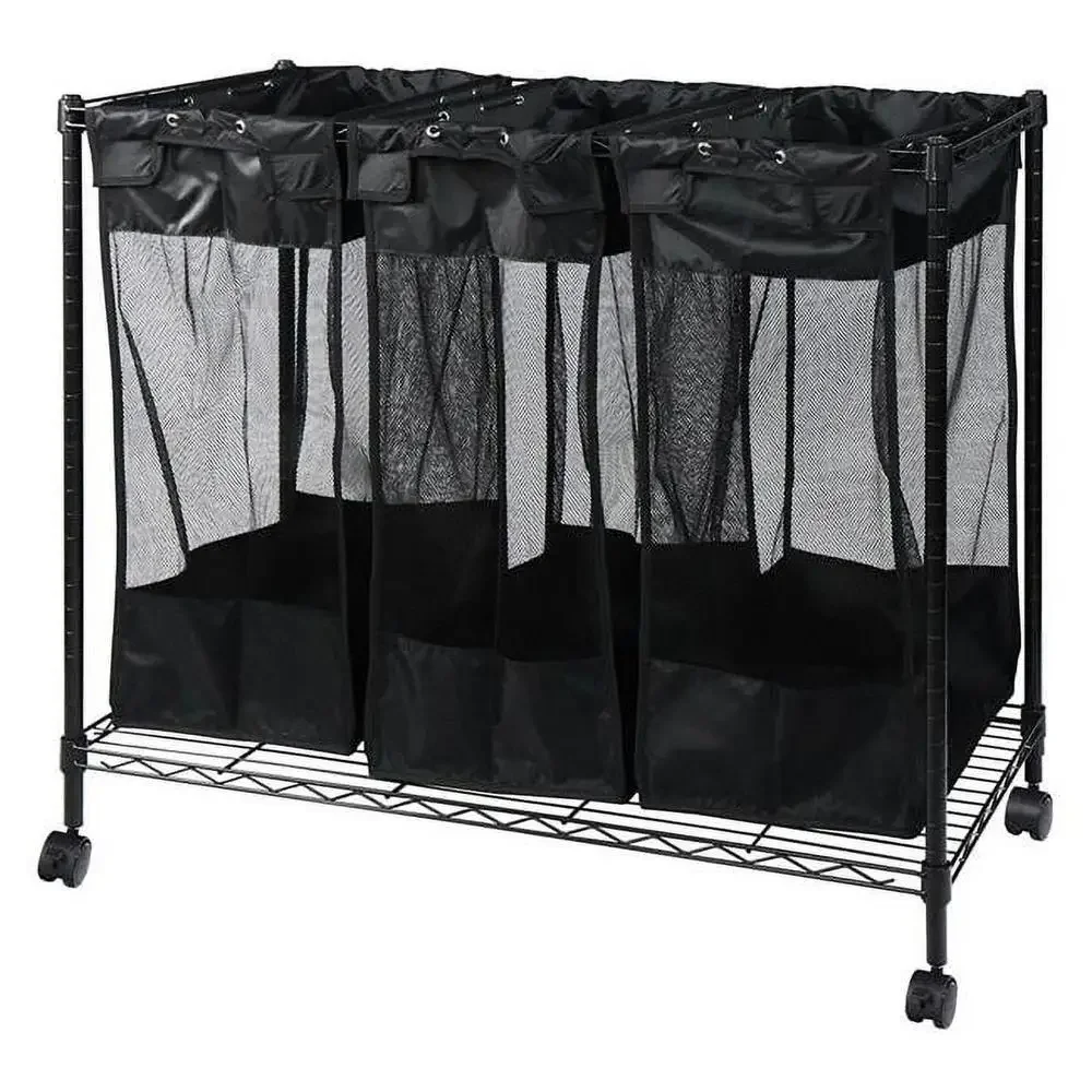 

3-Bag Laundry Sorter Organizer Metal Triple Storage 36.50"L X 18"W X 33"H Black Color
