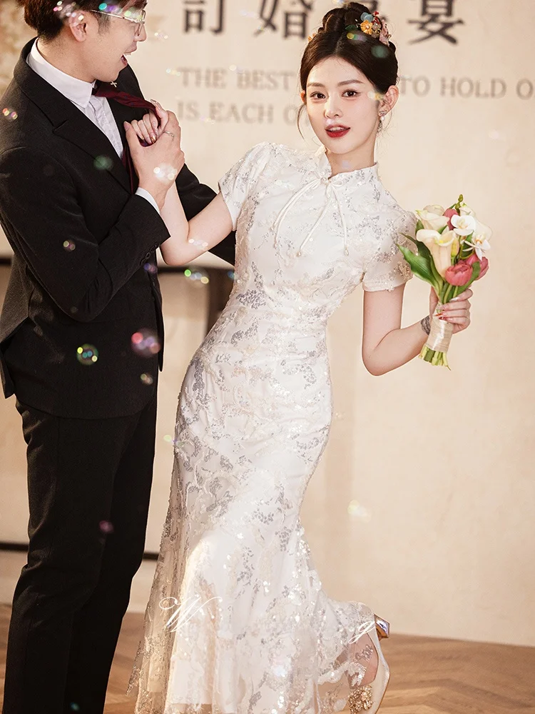 

iny Sequin Wedding Dr Evening Gown Women's New Chinese Sle Fi Tail Bride-to-be Dr Can Be Worn on Normal Days