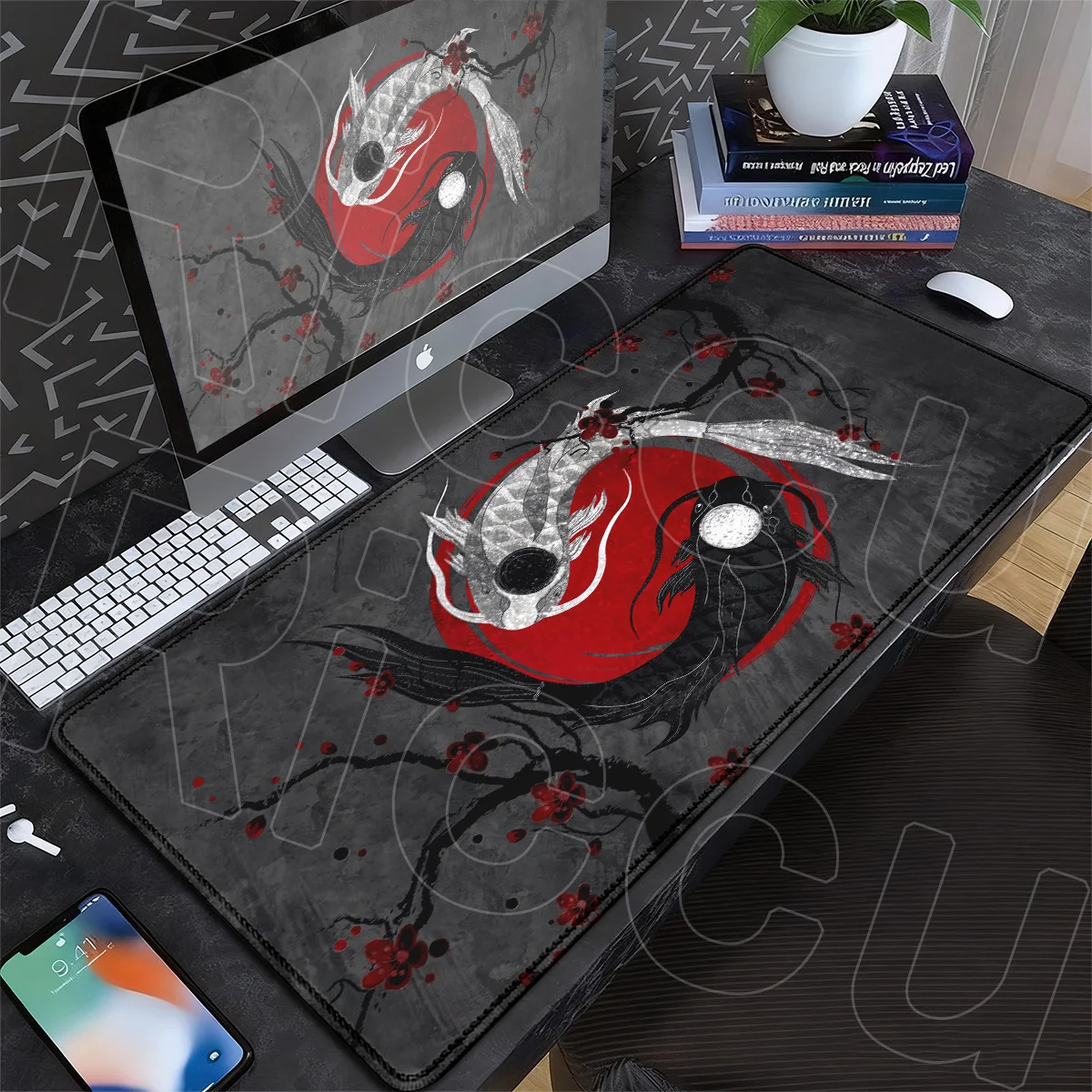 XXL Gaming Table Mats Rubber Keyboard Rug 900x400mm Japanese Black & White Desktop Mouse Pads Koi Fish Art Yin-yang fish Carpet