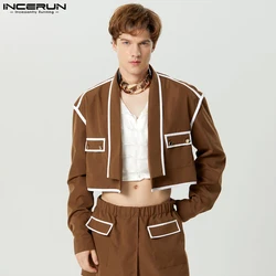 Men Blazer Patchwork Lapel Long Sleeve Open Stitch Fashion Suits Streetwear Pockets 2023 Casual Male Crop Coats S-5XL INCERUN