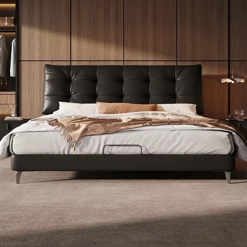 Modern Fashion Leather Double Bed, Luxury Upholstered Bed Frame for Master Bedroom Home Bedroom Furniture