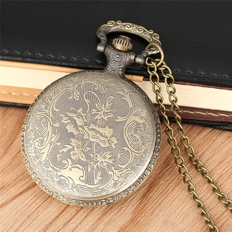 Bronze Colorful Dial Men Women Quartz Pocket Watch Necklace Chain Roman Number Display Transaparent Cover Half Hunter reloj