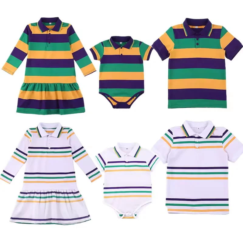 Mudbala Mardi Gras Apparel Classic Striped Purple Green Yellow Kids Girls Polo Dresses Sibling Matching Boys Polo T Shirts