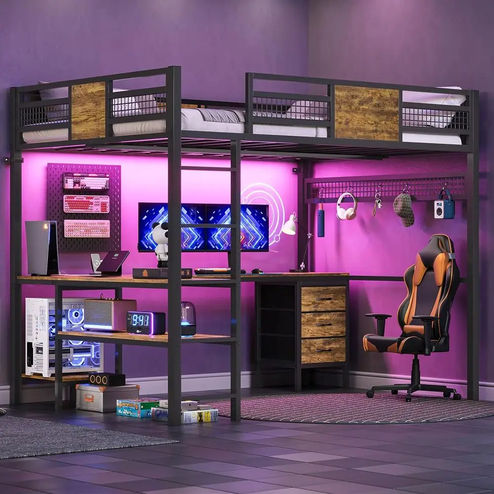 

Full Size Loft Bed with L-Shaped Desk and 3 Storage Drawers, LED Lights & Charging Station, Open Storage Shlef, Metal Loft Bed F