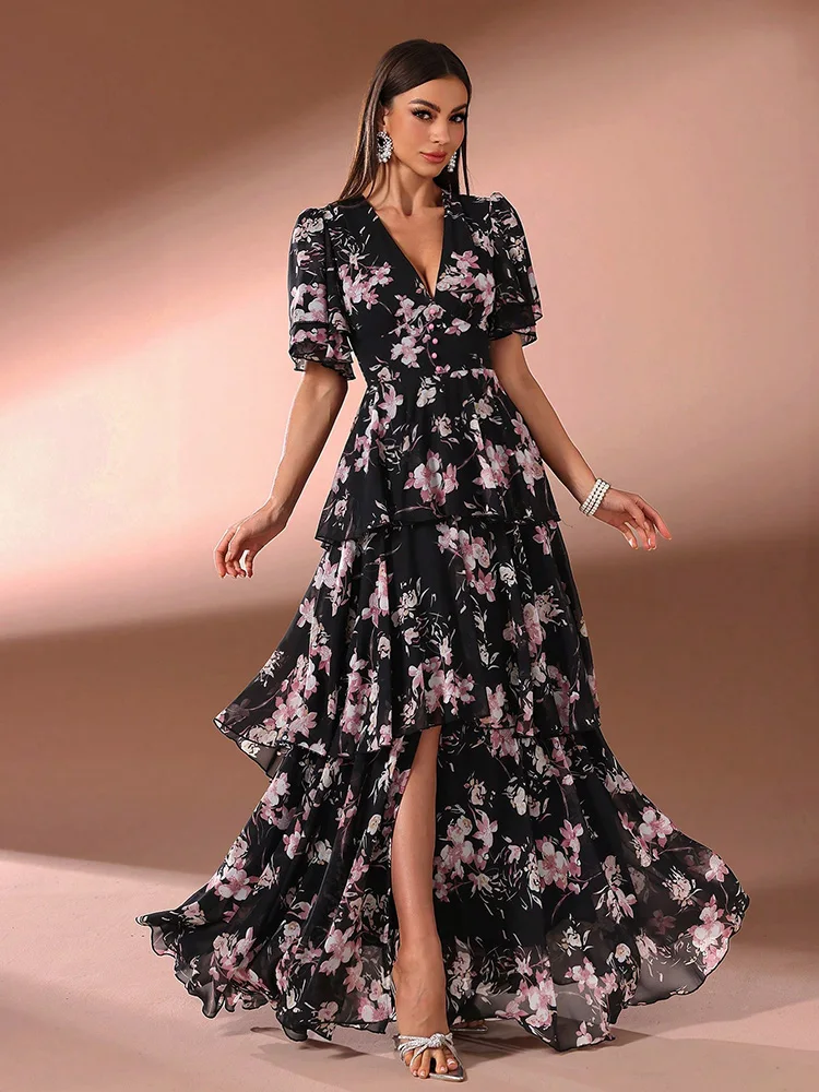 TOLEEN-Women Floral Print Long Maxi Dress, V-Neck Clothing, Ruffle Sleeve, Tiered Hem, Formal Party, Casual Elegant, Summer 2024