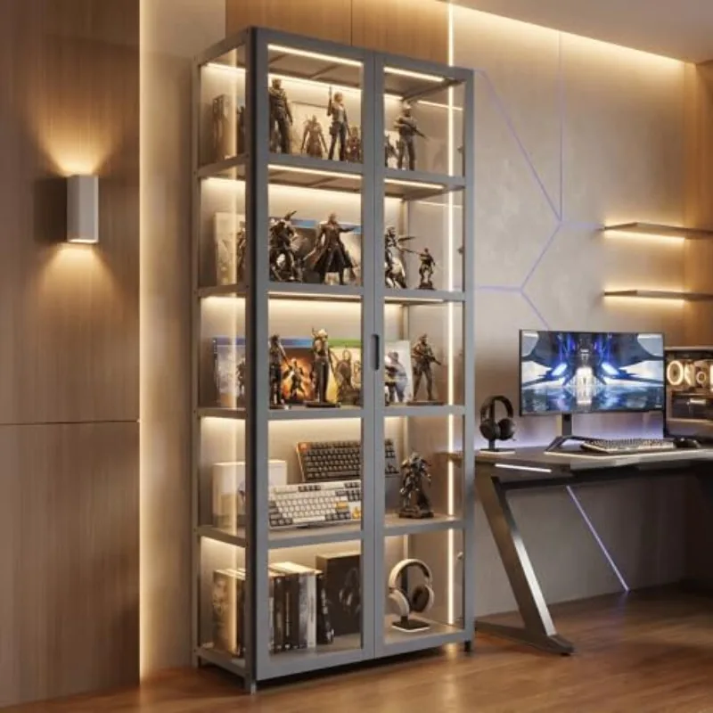 5-Tier Curio Cabinet, Display Cabinet with Acrylic Doors, Gray