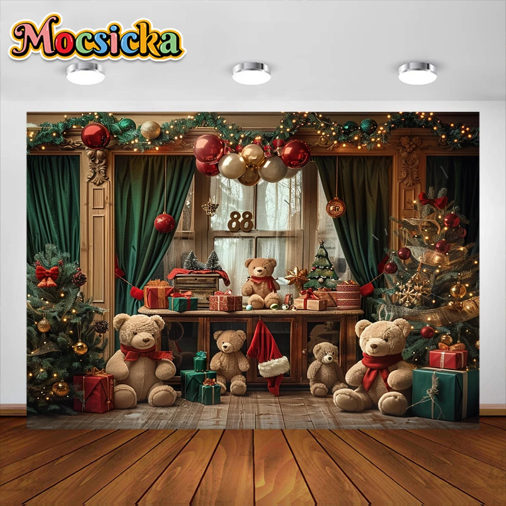 Christmas Photography Background Window Cute Bear Gifts Glitter Xmas Tree Kids Family Portrait Decor Backdrop Photo Studio