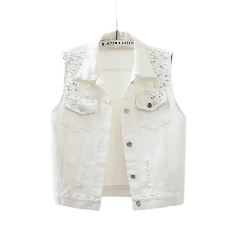 2023 Black Red Yellow Blue White Denim Vest Tops Women Spring Summer Washed Ripped Beaded Sleeveless Jacket Lady Jeans Waistcoat