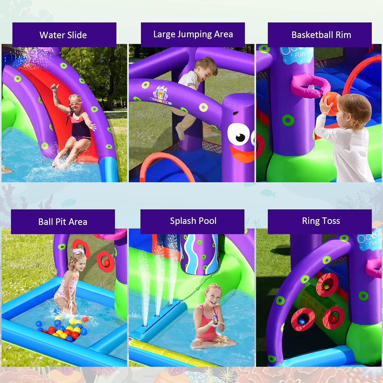 Nadmuchiwana zjeżdżalnia wodna, 6 w 1 gigantyczny dom w parku wodnym na podwórko na świeżym powietrzu, basen i zjeżdżalnię, ośmiornice wysadzają wodę Sl