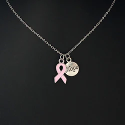 10PCS Lot Stainless Steel Chain with Yellow Pink Ribbon Hope Pendant Necklace Breast Cancer Awareness Jewelry Necklaces Colliers