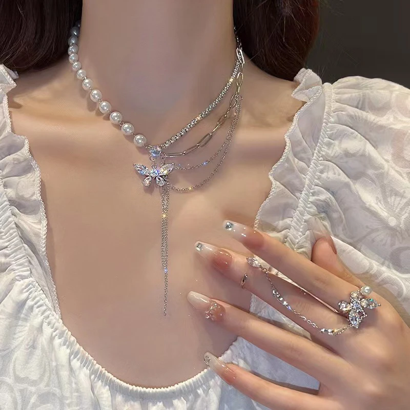 Shiny Crystal Butterfly Necklace Exquisite Multi-layer Pearl Clavicle Chain Necklaces for Women 2022 Trend Aesthetic Jewelry