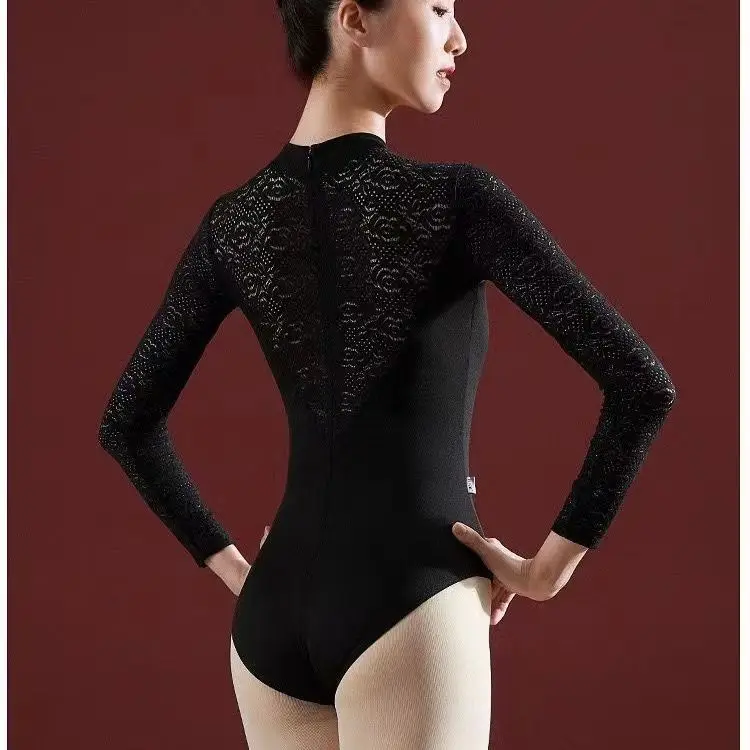 Ballet Leotards For Women Dancewear Lace Back Adult Ballerina Clothes Long Sleeve Leotard Stand-up Collar Swimwear Costume