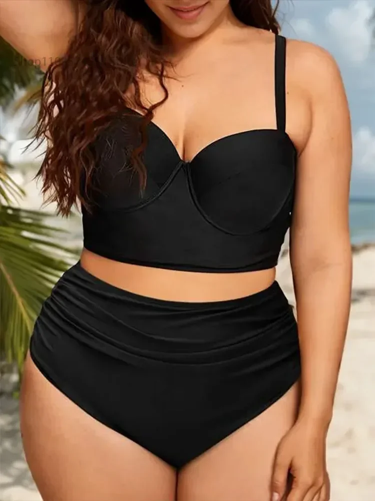 Large monochrome bikini, women\'s enhancement, two-piece high waisted swimsuit, beach clothing, 2024