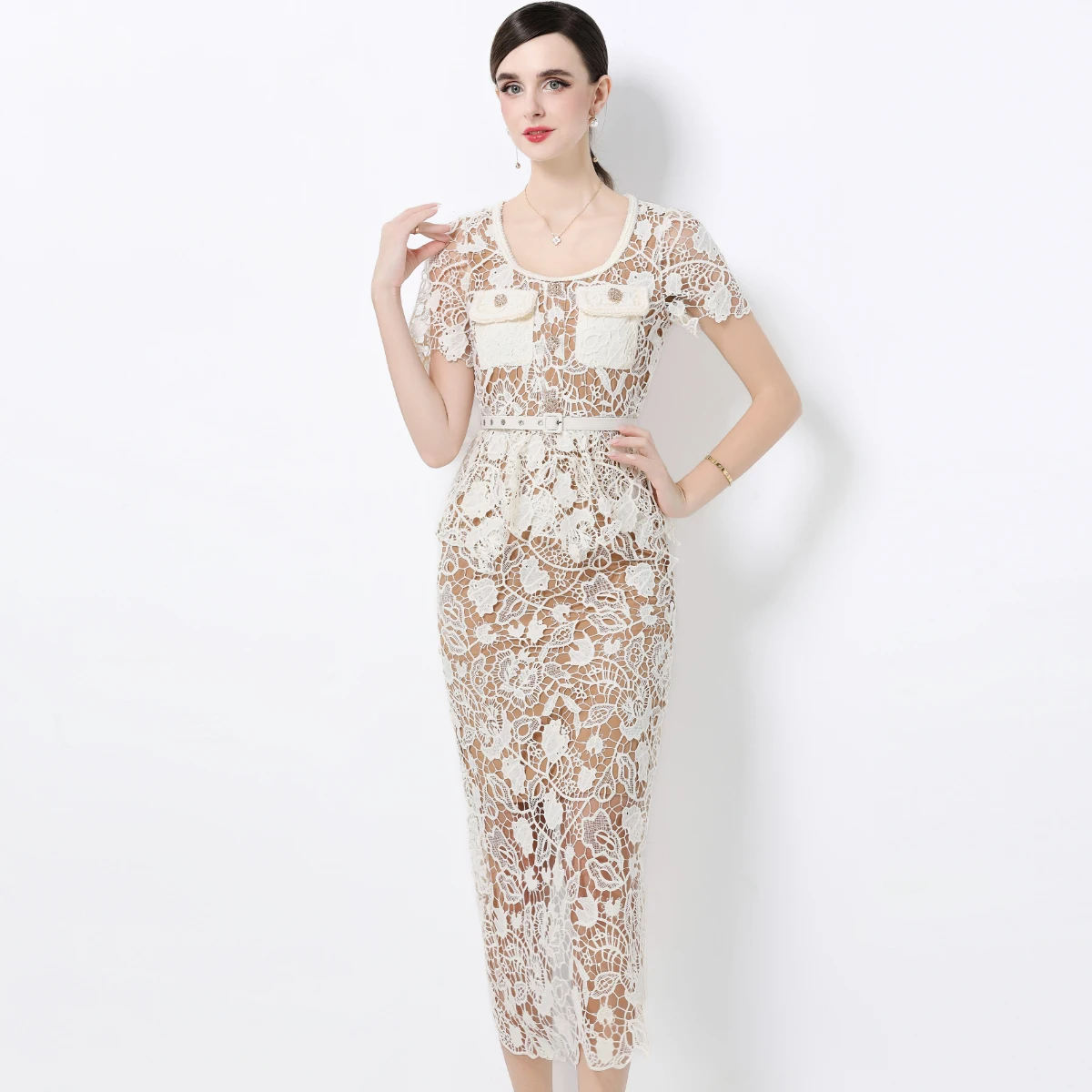 Summer Retro Solid Sexy Dress Women U-Neck Short Sleeve Square Pocket Decoration Dress Lace Cutout Comes with Belt Evening Gown