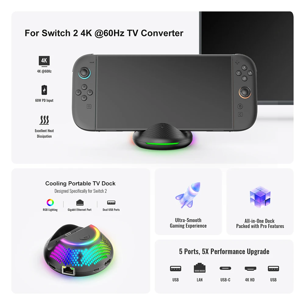 لنينتندو سويتش 2 قاعدة شحن للتلفاز قاعدة شحن 4K HDMI متوافق مع الإخراج/النوع/حامل شحن USB للتبديل 2