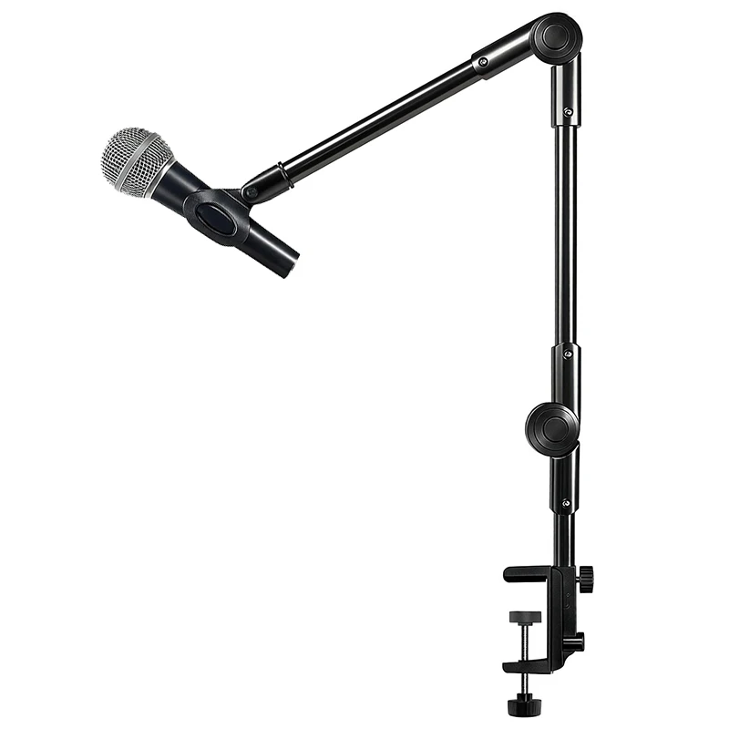 Three-Section Microphone Boom Arm Stand with 3/ 8inch Standard Interfaces, 30Cm+38Cm Extended Arm, Desktop Clamp Mount, Dual-Use for Microphone and Mobile Phone, Professional Stand for Live Streaming and Recording