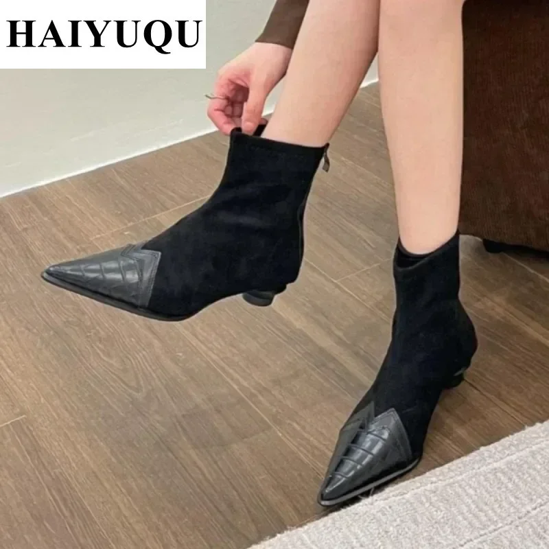 Pointed Toe Women Ankle Boots Fashion Heels Shoes Autumn Winter 2024 Trend Suede Chelsea Short Boots New Brand Snow Botas Mujer