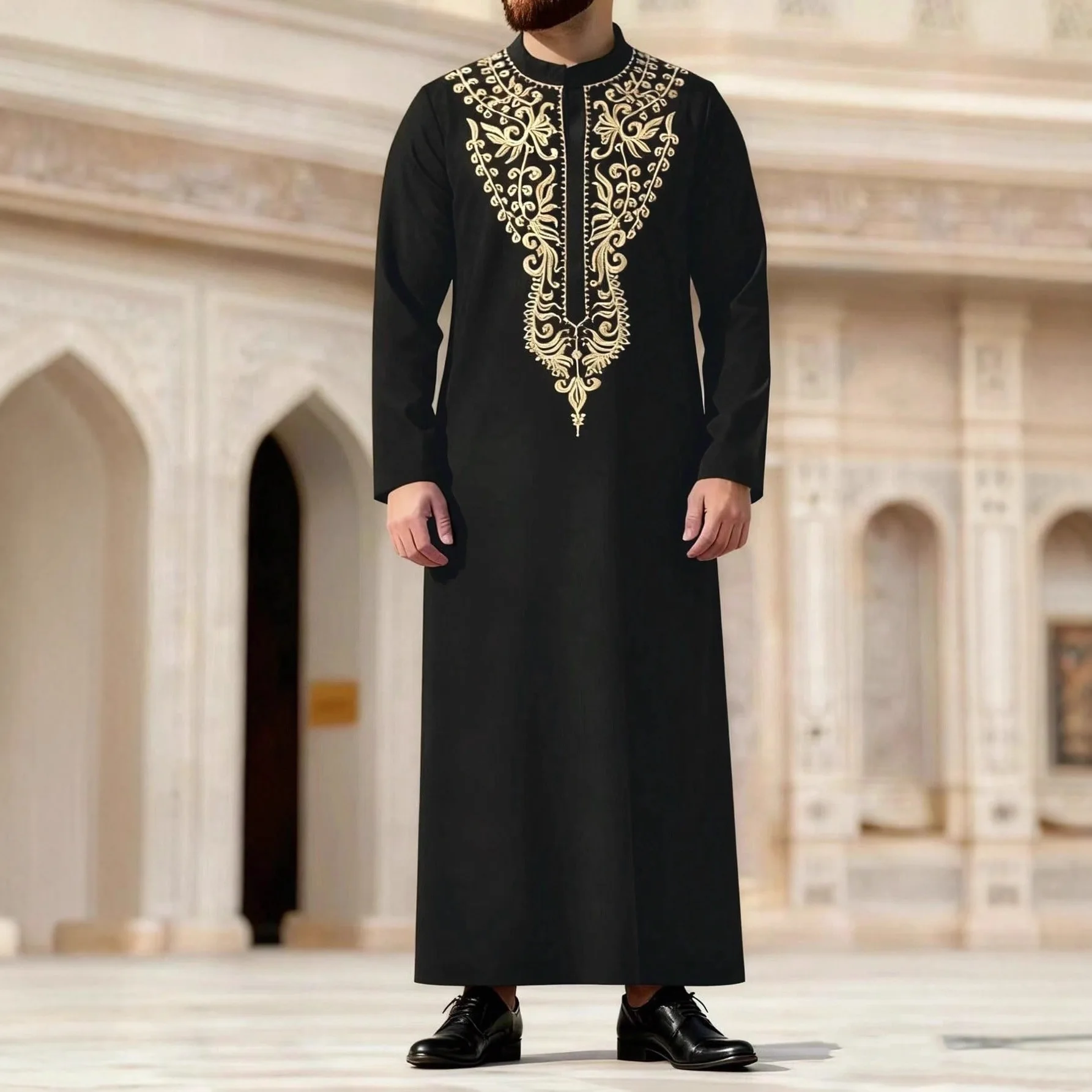 

2026 New Ethnic Style Long Sleeve Stand Collar Embroidered Loose Fit Saudi Arabian Men's Robe Ramadan Dubai Luxury Islam Elegant