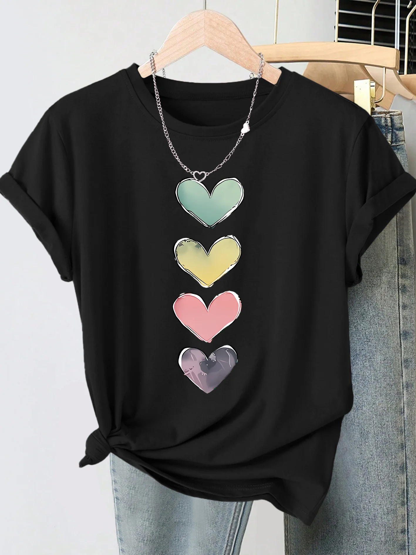 Women Round Neck Short Sleeve Gradient Love Print T-shirt Soft Selection Breathable Funny Unique Design Summer Playful Women Top