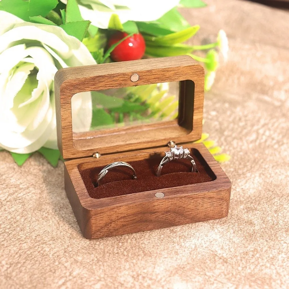 High-quality Wooden Jewelry Box Rectangular Opening Window Lover Ring Display Box Retro Storage Holder Engagement
