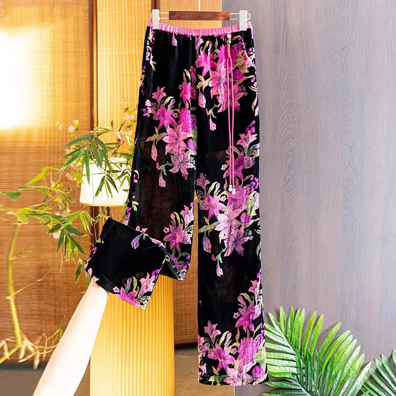 High-Quality Autumn and Winter New Velvet Plant Flower Elastic Waist Tassel Button+Pocket Elegant Lady Straight leg Pants S-XXL