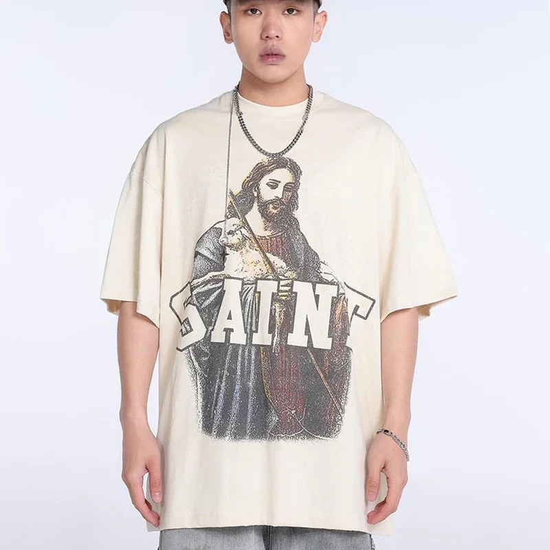 Apricot Saint T-shirt Portrait Retro Printing Men Woman High Quality High Street Hip Hop Loose O-Neck Casual Top Tees