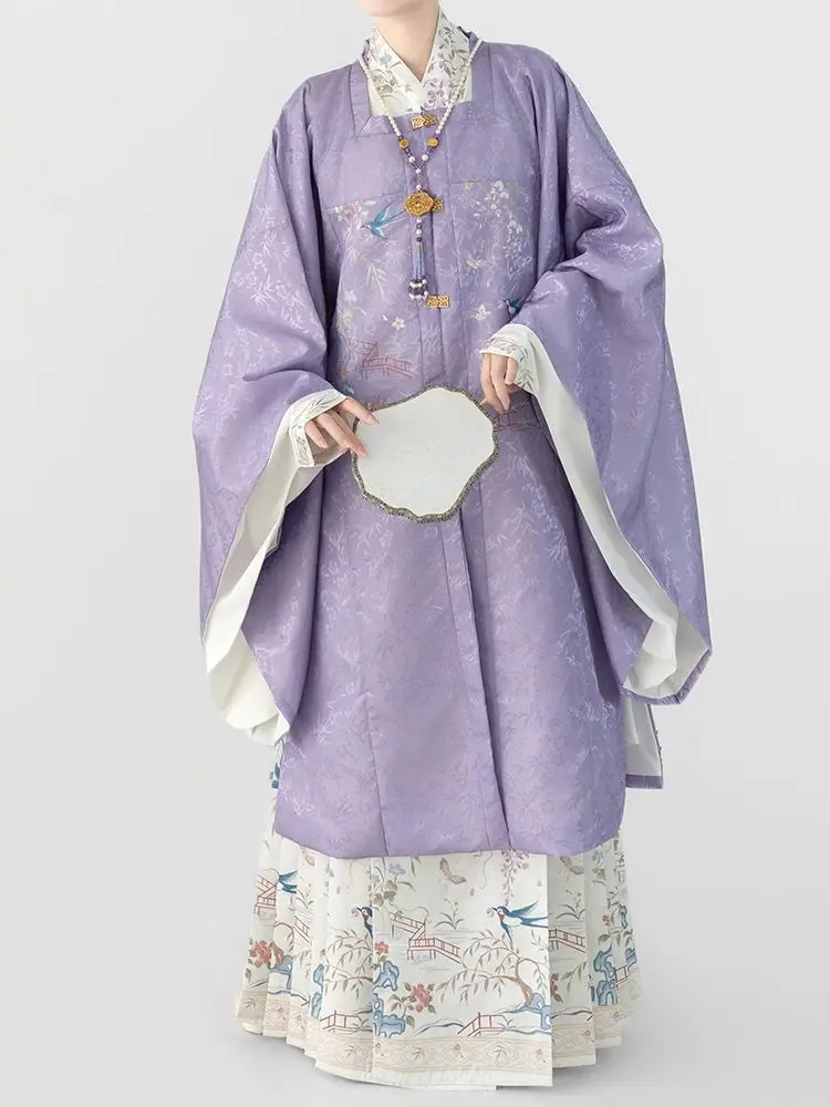 

2025 chinese ming dynasty cross collar big sleeve long blouse pleated skirt hanfu female new elegant loose embroidery hanfu b166