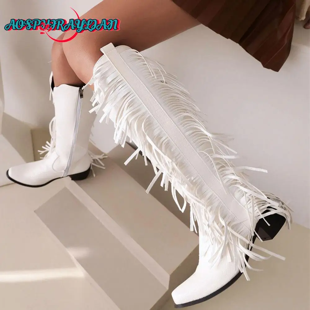 

AOSPHIRAYLIAN 2023 Glossy Fringes Tassels Western Cowboy Knee-high Boots For Women Zipper Vintage Women's Shoes Cowgirls Boots