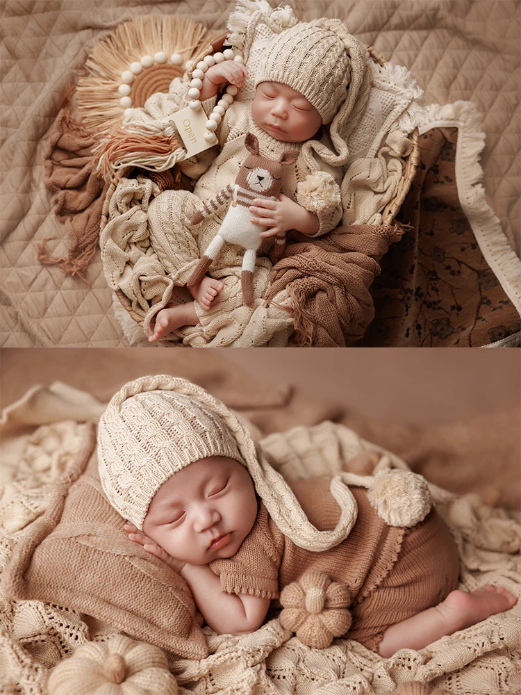 Neutral Brown Knit Baby Photography Props Set Baby Photo Costume Goodnight Hat Soft Doll Studio Baby Shooting Scene Decor Props
