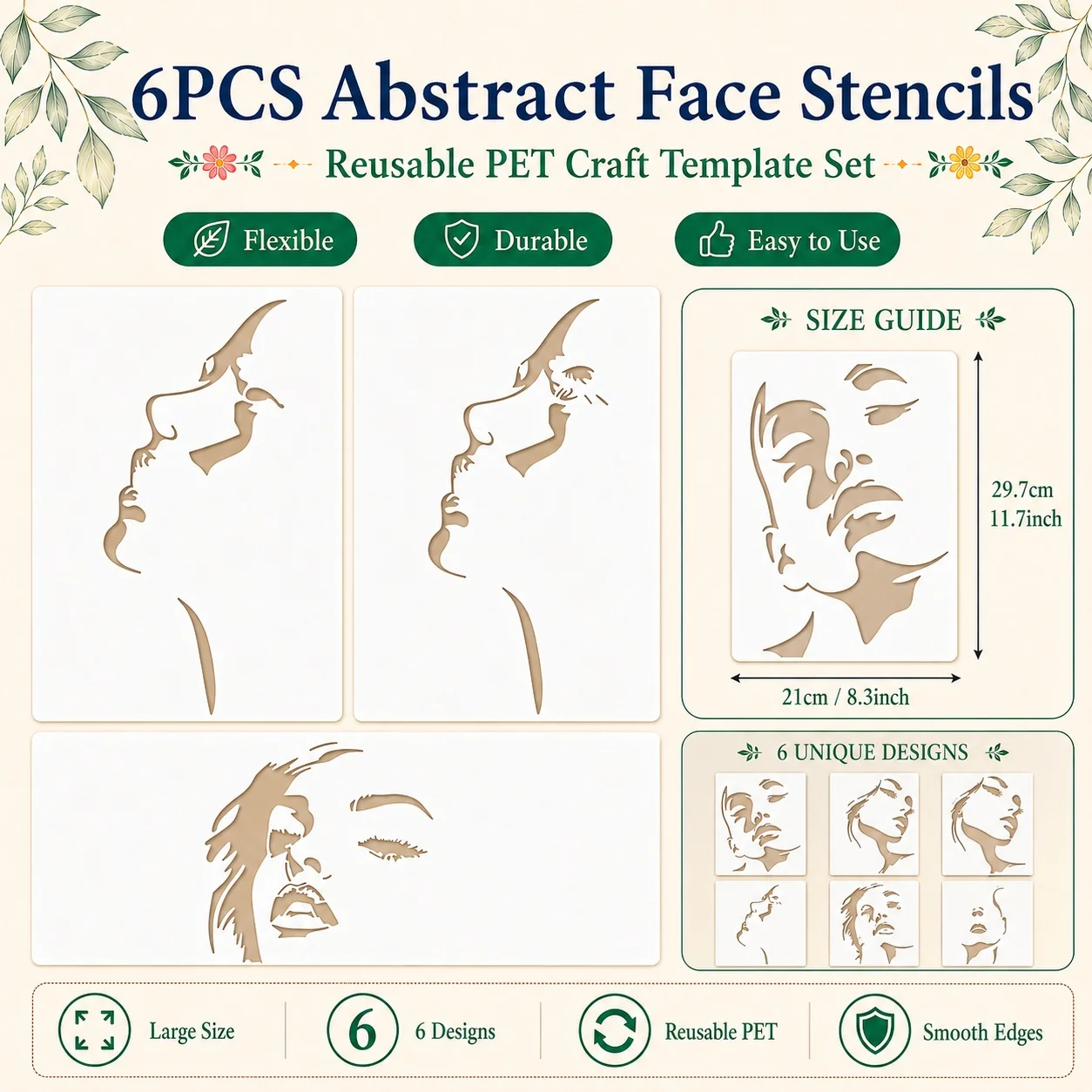 6pcs Face Contour Stencils Reusable Female Silhouette Art Stencils PET Material for DIY Crafts,Canvas,Home Decor,Fabric,Walls