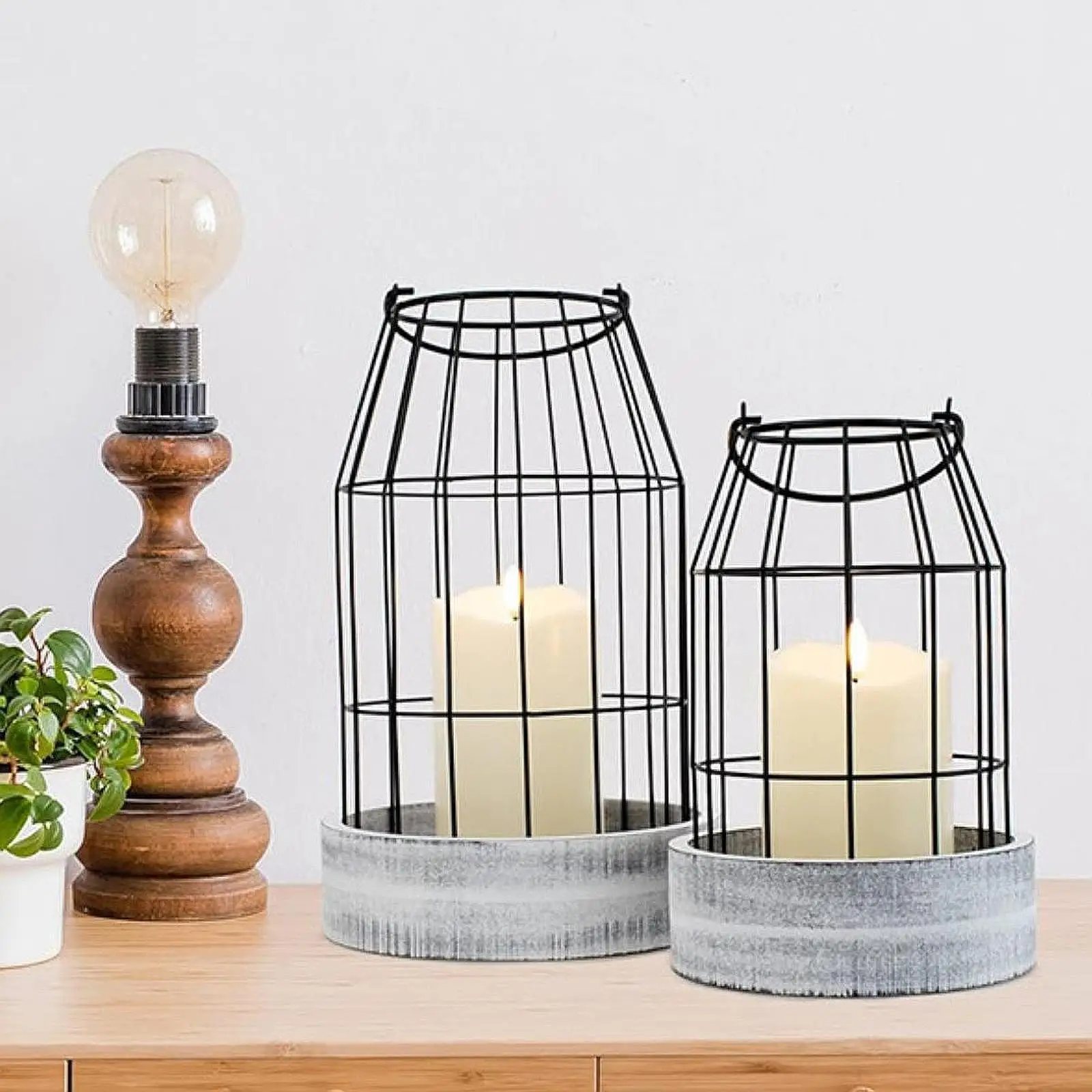 2x Electronic Candle Lantern Cage Holders Vintage Style Home Decor Hanging Candleholders for Table Centerpieces Front Porch