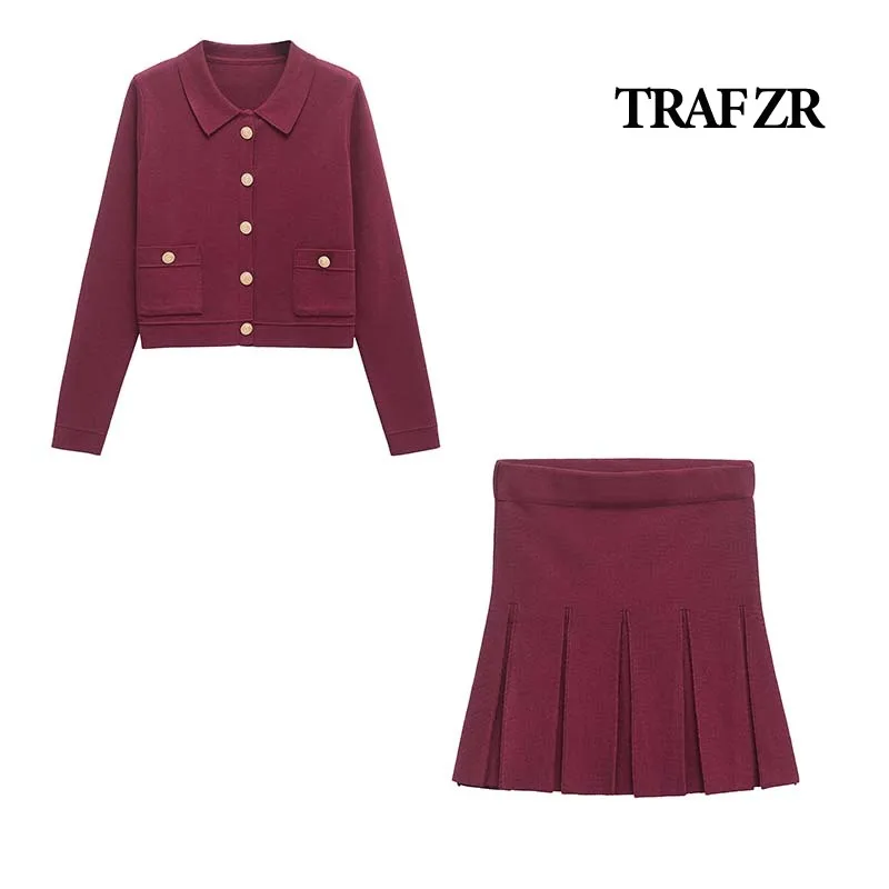 TRAF ZR Women's Set Two Pieces Holiday Outfits Womens Autumn Woman Sets Elegant Casual Women's Set Knitwear Red Mini Skirt Sets