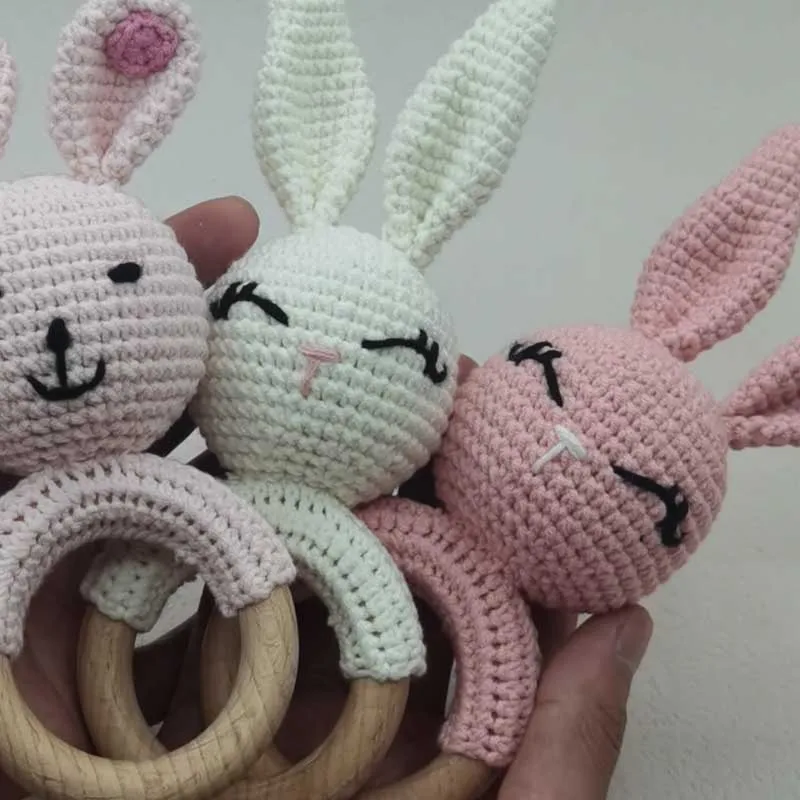 Baby Teether Music Rattles for Kids Animal Crochet Rattle Rabbit Bear Ring Wooden Babies Gym Montessori Children's Toys