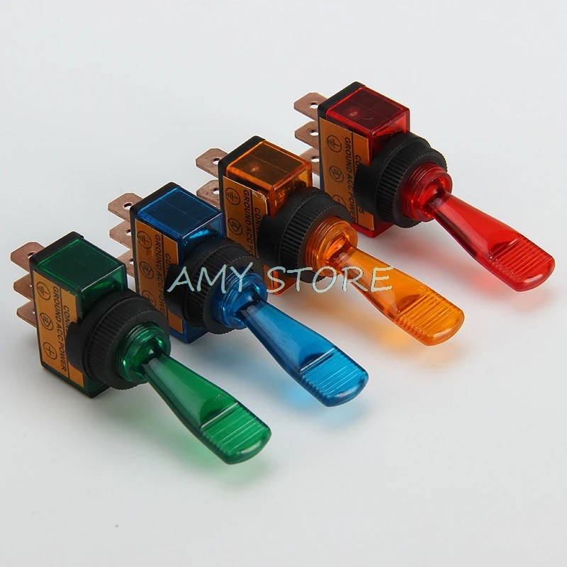 5pcs ASW-13D Automotive Car Truck Toggle Switch 3 Pin ON-OFF w Light Lamp DC12V 20A 12mm Mounting RedYellow Blue Green 3A 250VAC