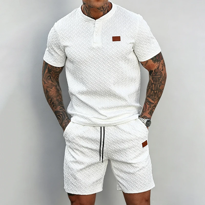 Image of Herren Strick-Jacquard-Henley 2-Teiliges Set Kurzarm mit Kordelzug an der Taille Atmungsaktiv Leicht Sommer Alltags- Sport- Reise-Trainingsanzug